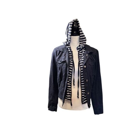 Splendid Women's Blue Denim Jacket Striped Hood. Size Small. - Picture 2 of 16